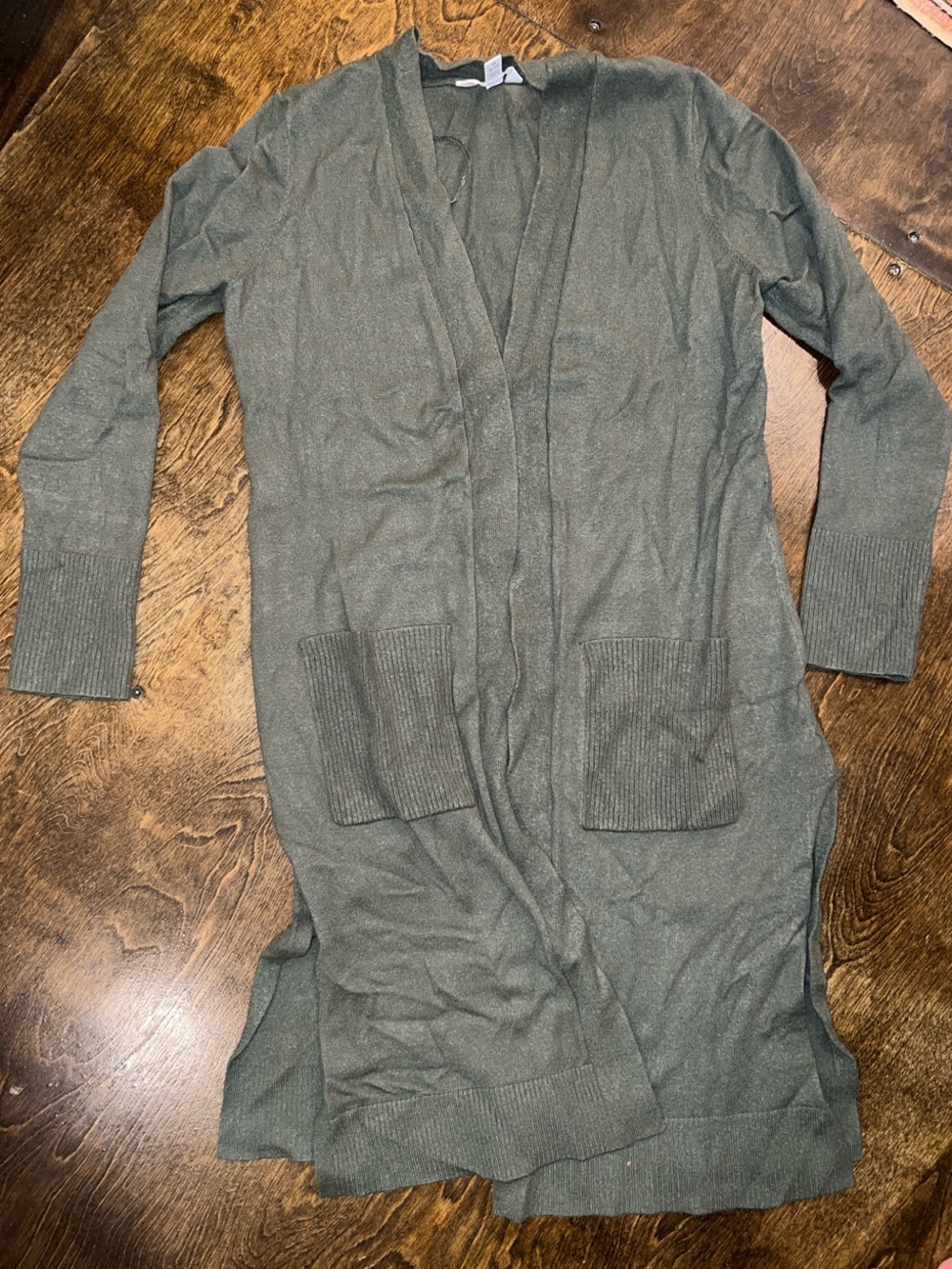 Time and Tru Olive Green Long Open Cardigan